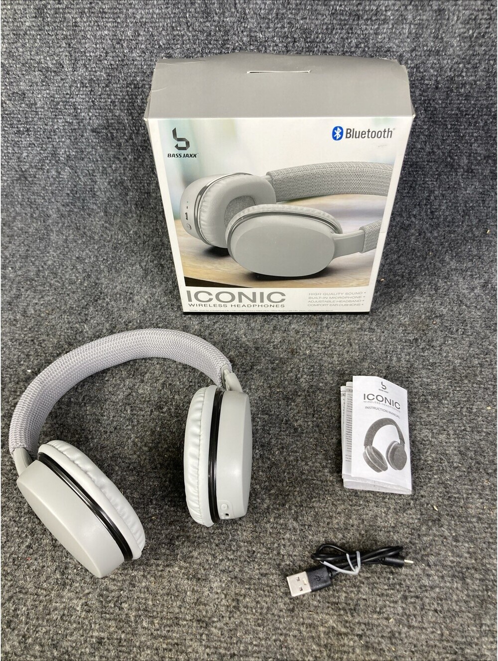 BassJaxx Gray Wireless Bluetooth Adjustable Headphones w/ Built-in Microphone